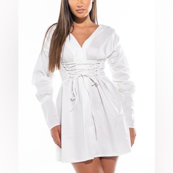 Akira stick with me mini dress, white mini shirt dress with lace up waist design - Picture 8 of 10